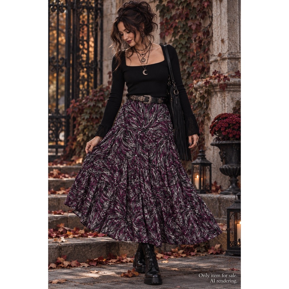 Tiered Maxi Skirt Purple Abstract Whimsigoth Dark Boho - Christopher & Banks M